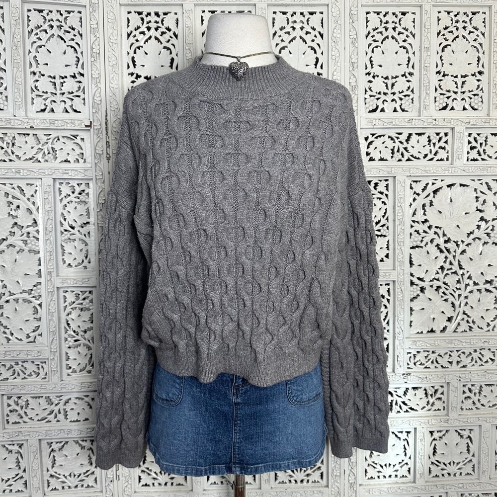 Anthropologie‎ Gray Chunky Knit Mockneck Bell Sleeve Cropped Sweater Sz Small